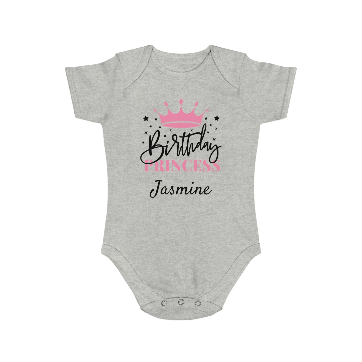 Gray baby onesie with "Birthday Princess Jasmine" text and pink crown.