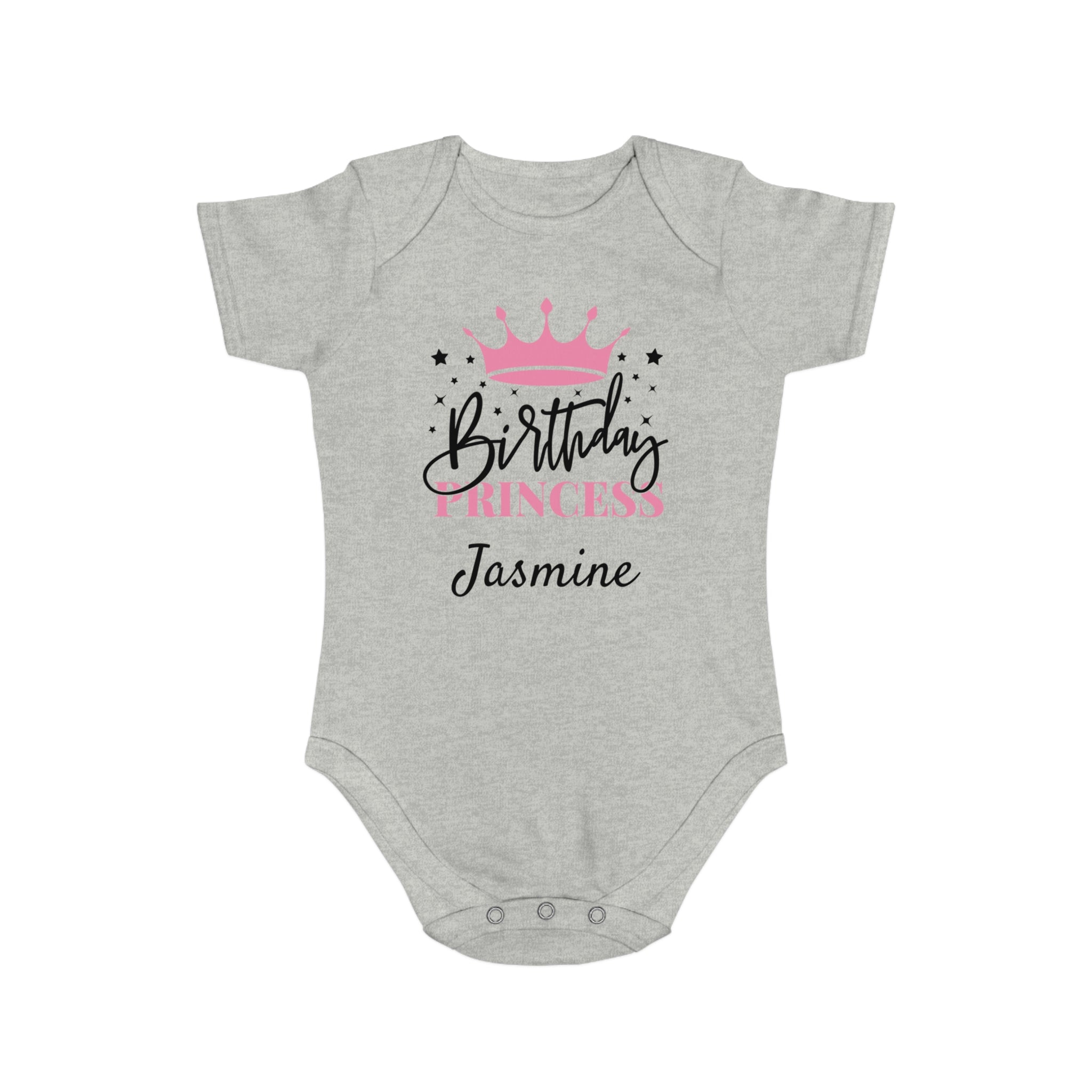 Gray baby onesie with "Birthday Princess Jasmine" text and pink crown.