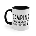 White mug with black interior and handle, featuring text "CAMPING mode ALL DAY EVERY DAY".