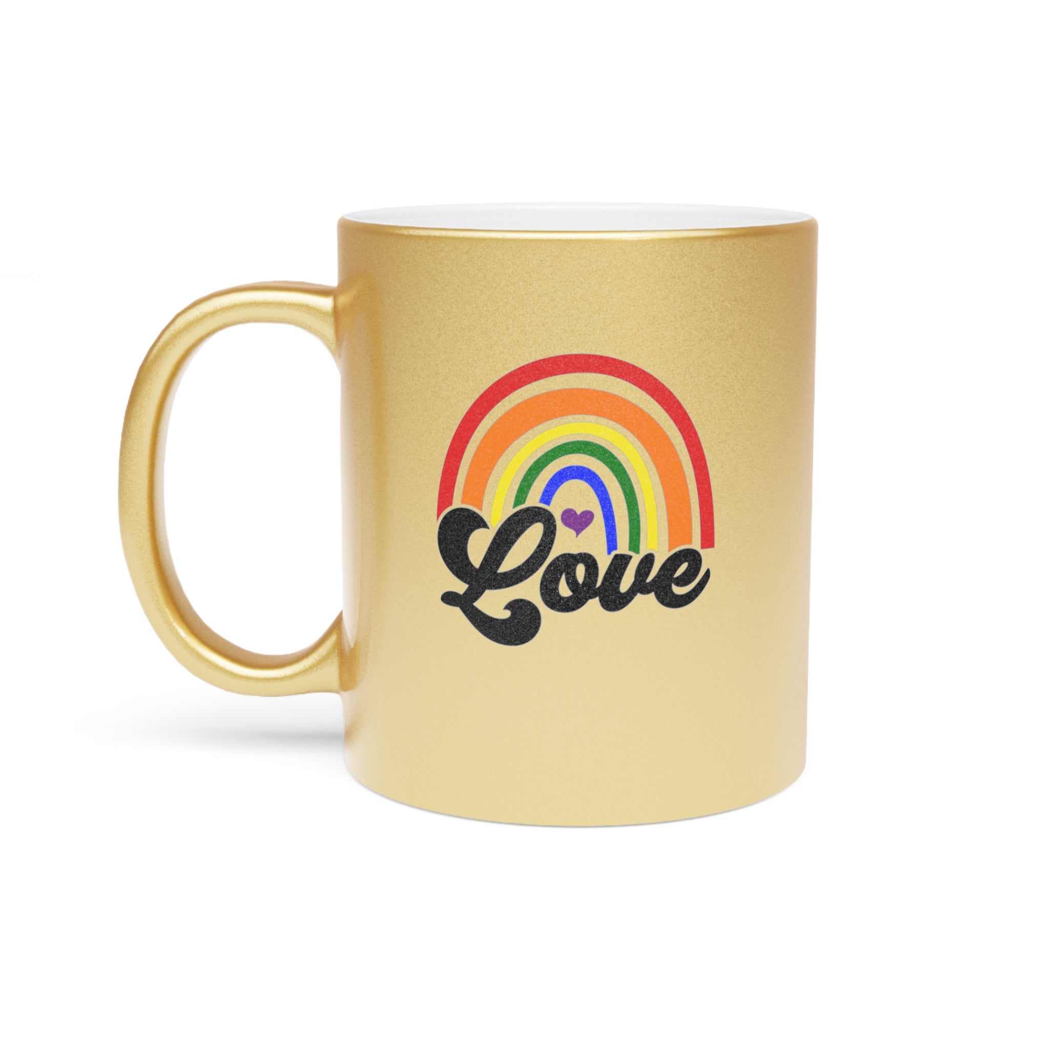 Gold mug with rainbow, purple heart, and black "Love" text.