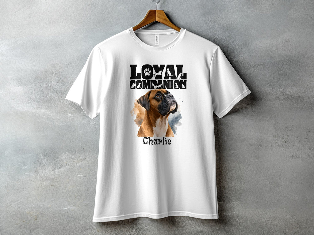 White t-shirt with Boxer dog graphic and text "Loyal Companion" and "Charlie".