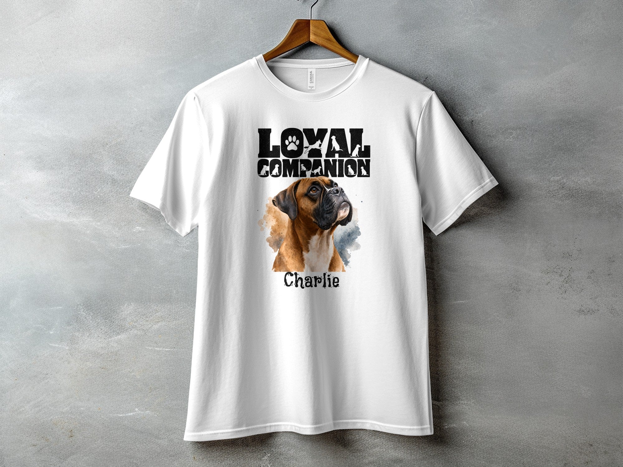 White t-shirt with Boxer dog graphic and text "Loyal Companion" and "Charlie".