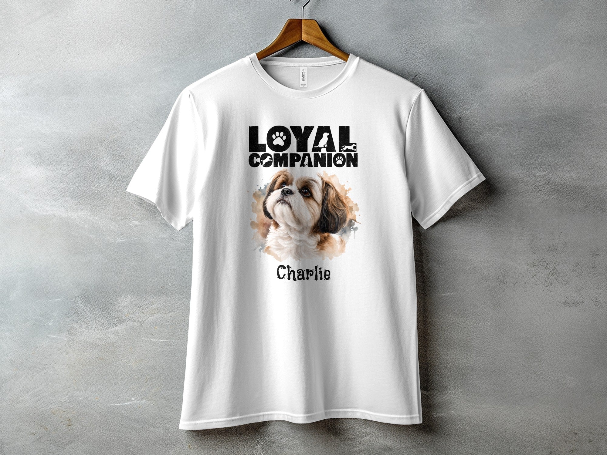 White t-shirt with "Loyal Companion" text and a watercolor Shih Tzu portrait named Charlie.