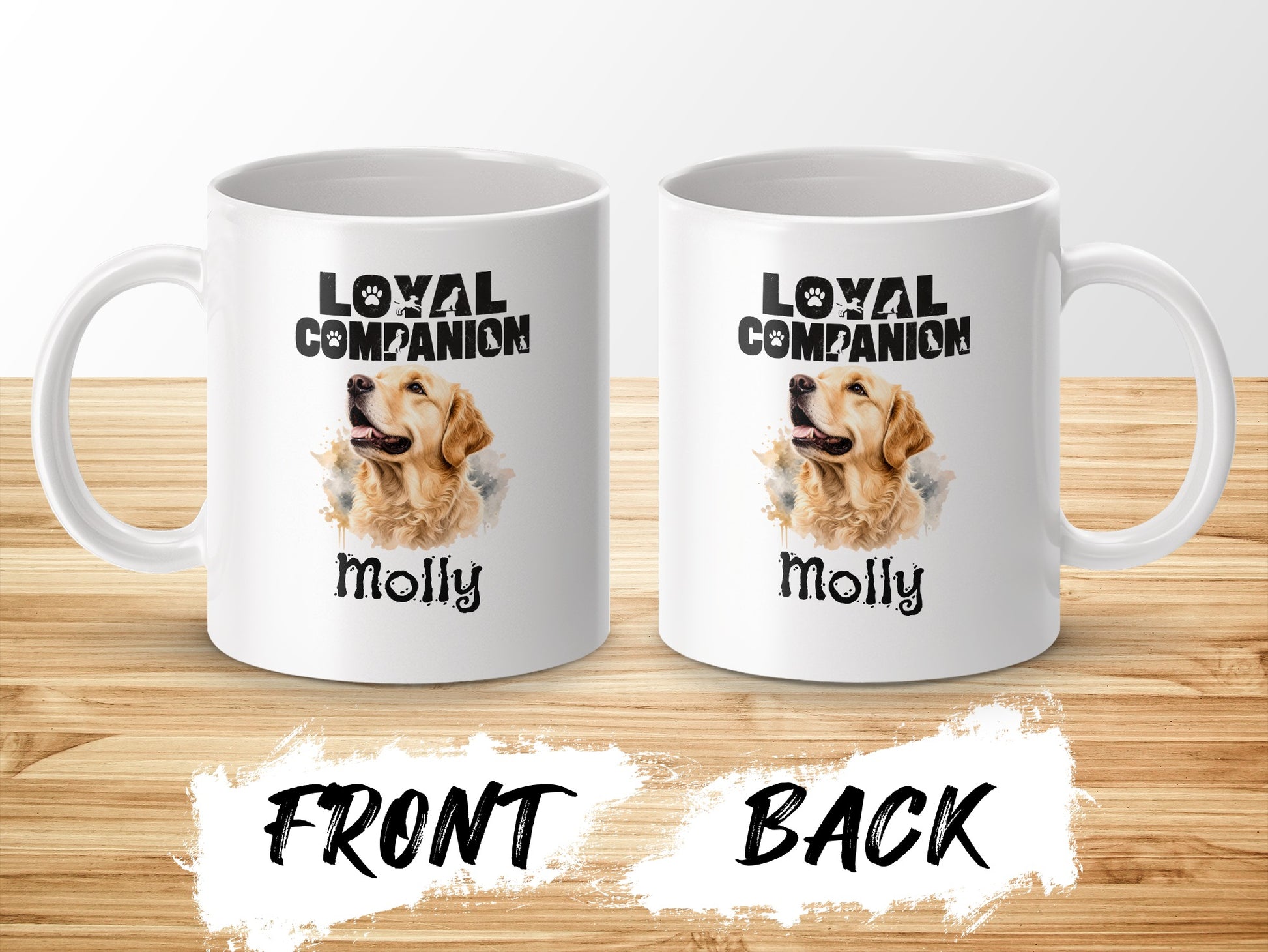 White mugs with golden retriever art and "Loyal Companion Molly" text.