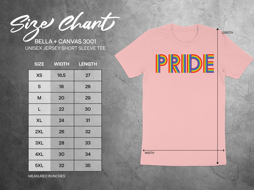 Bella + Canvas 3001 unisex short sleeve tee size chart with rainbow Pride graphic.