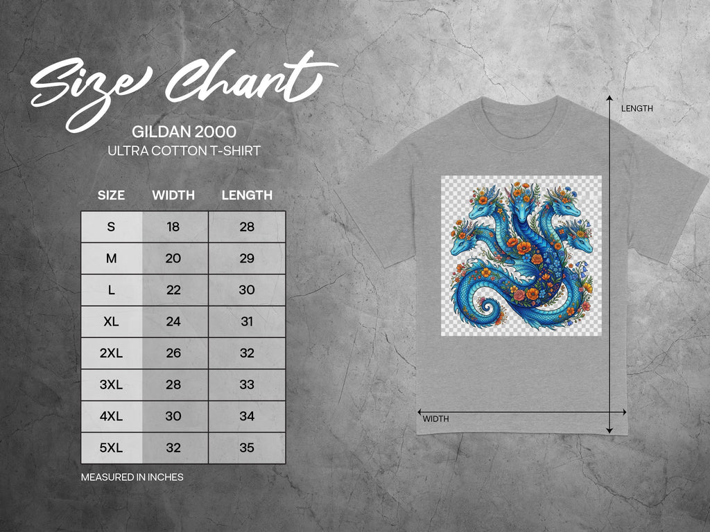 Gildan 2000 size chart with measurements for sizes S through 5XL.