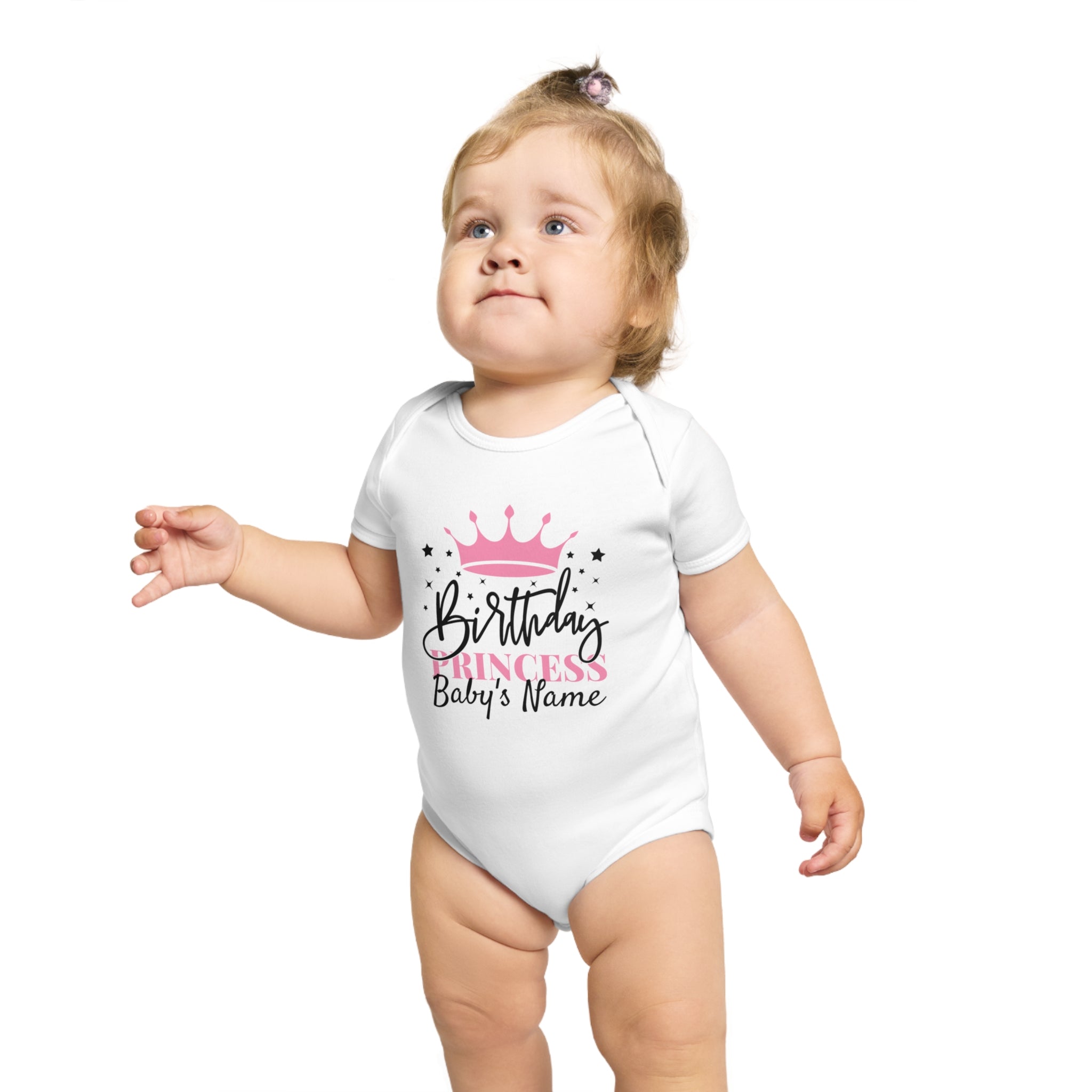 Baby wearing "Birthday Princess Baby's Name" onesie with crown graphic.