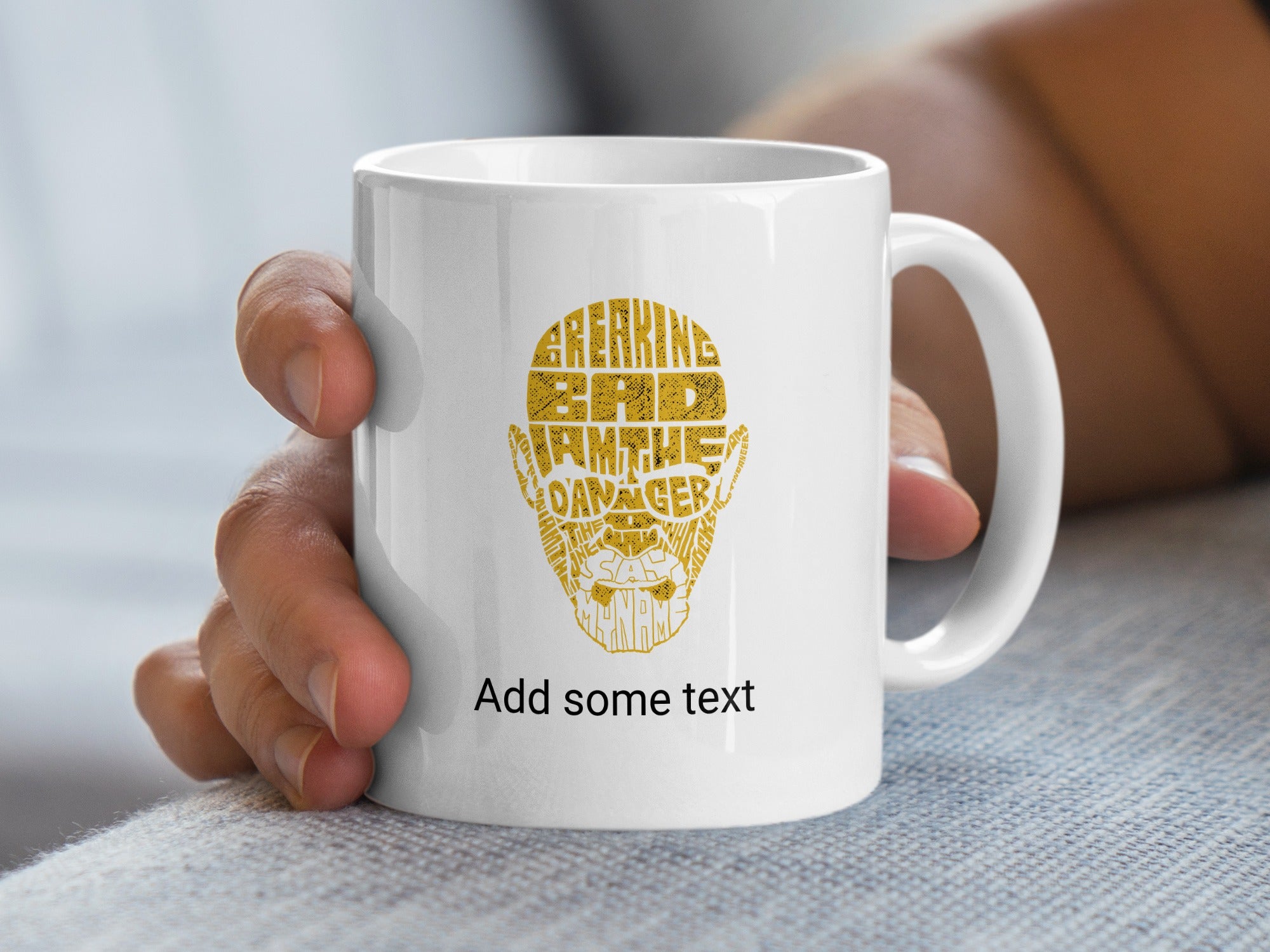 White mug with "Breaking Bad" typography art of Walter White's face.