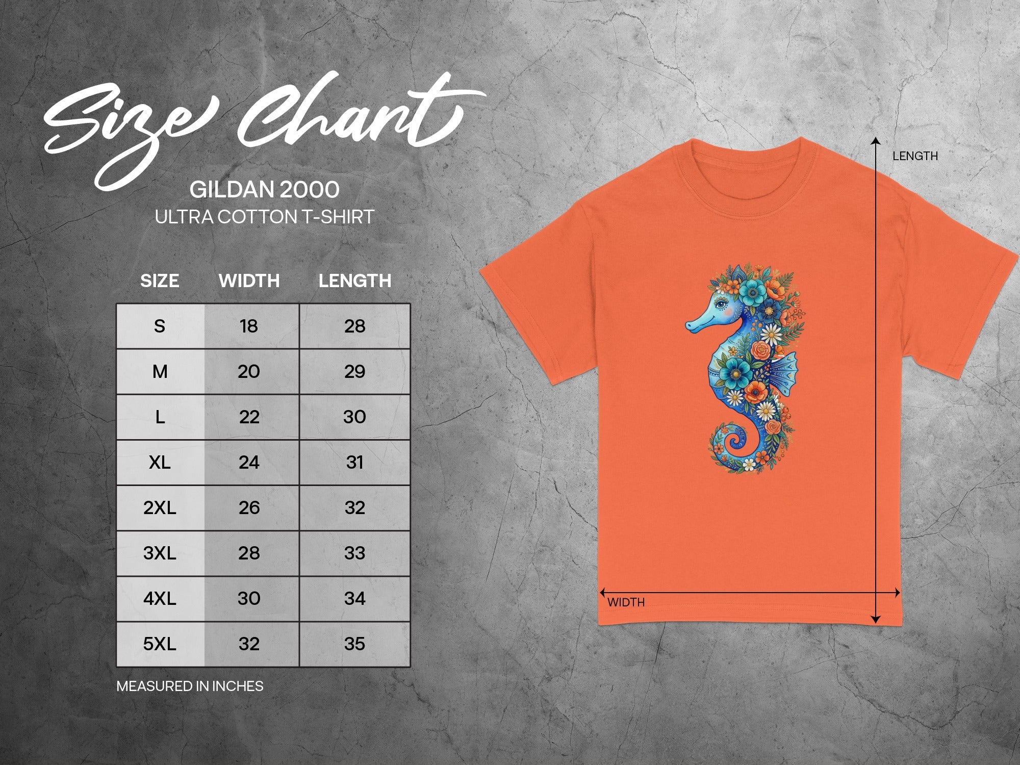 Gildan 2000 Ultra Cotton T-shirt size chart for S to 5XL in inches.