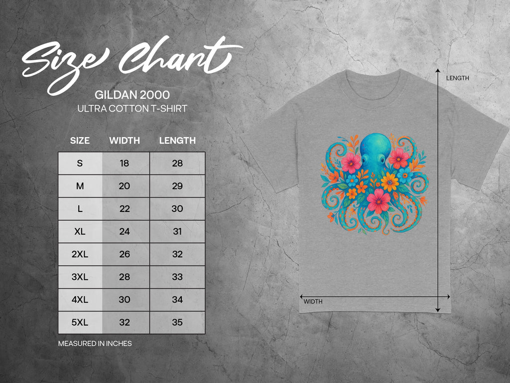 Gildan 2000 Ultra Cotton T-shirt size chart with measurements in inches.