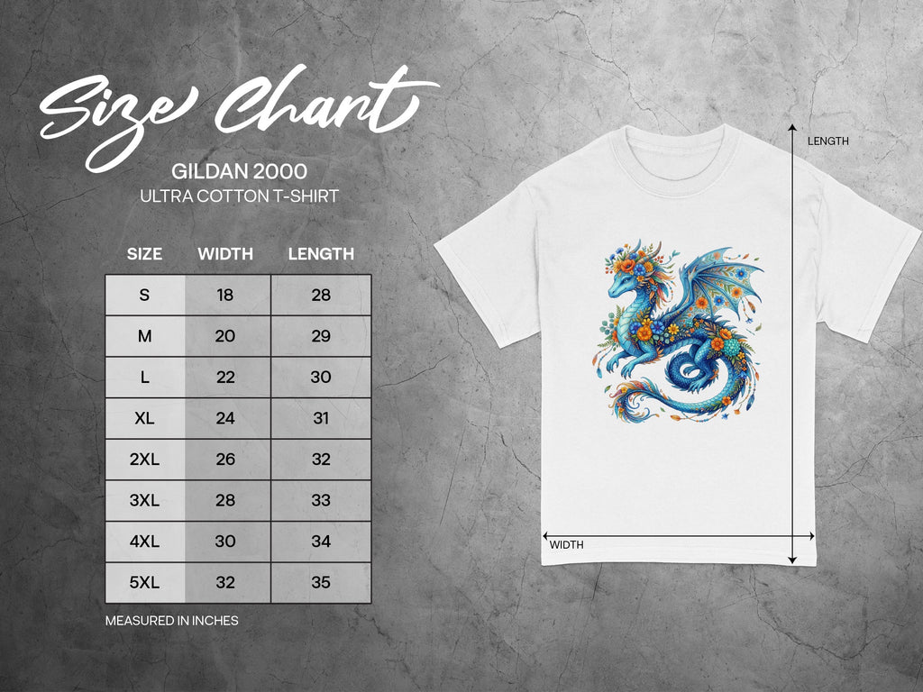 Gildan 2000 Ultra Cotton t-shirt size chart with width and length measurements in inches.