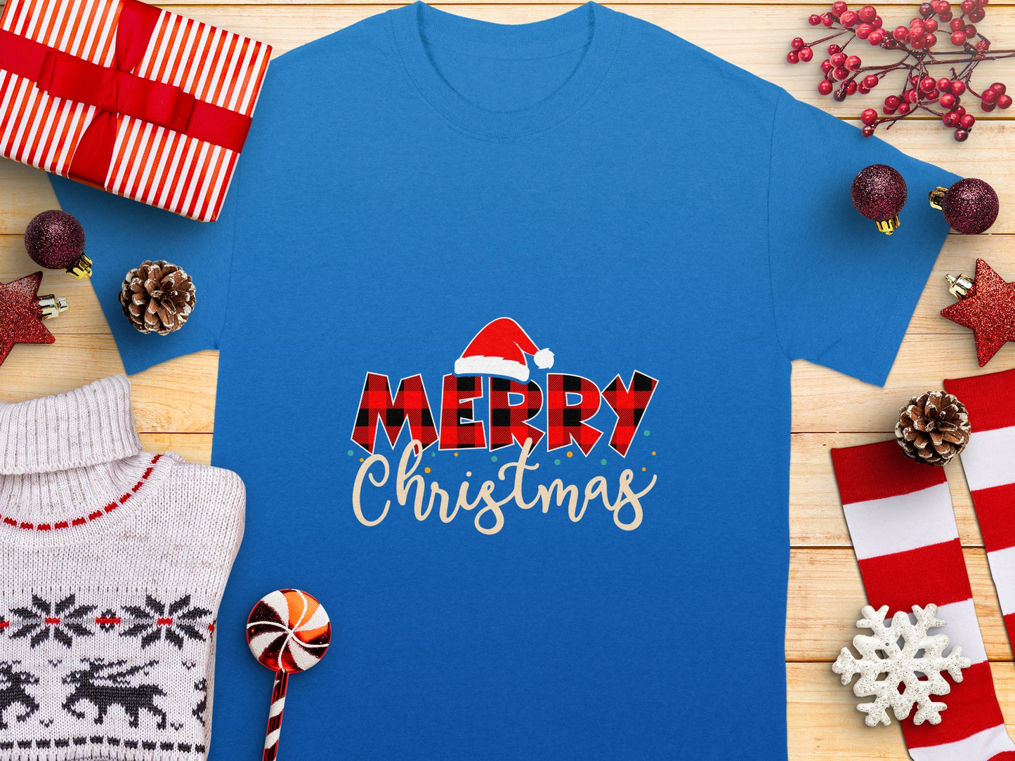 Merry Christmas Blue Holiday Themed Shirt