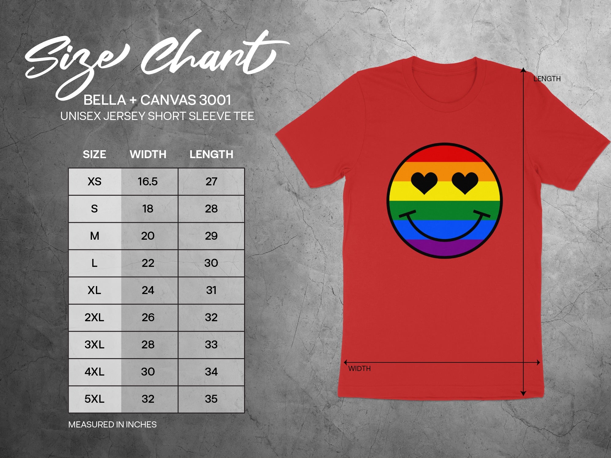 Bella + Canvas 3001 unisex jersey tee size chart with rainbow smiley face graphic.