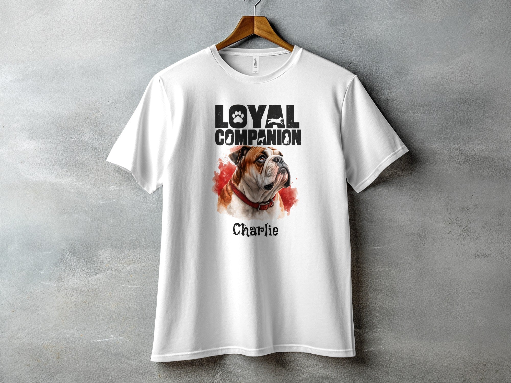 White t-shirt with text "LOYAL COMPANION" and bulldog portrait named Charlie.