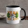 White mug with "YEAH BUDDY!" and a dumbbell graphic.