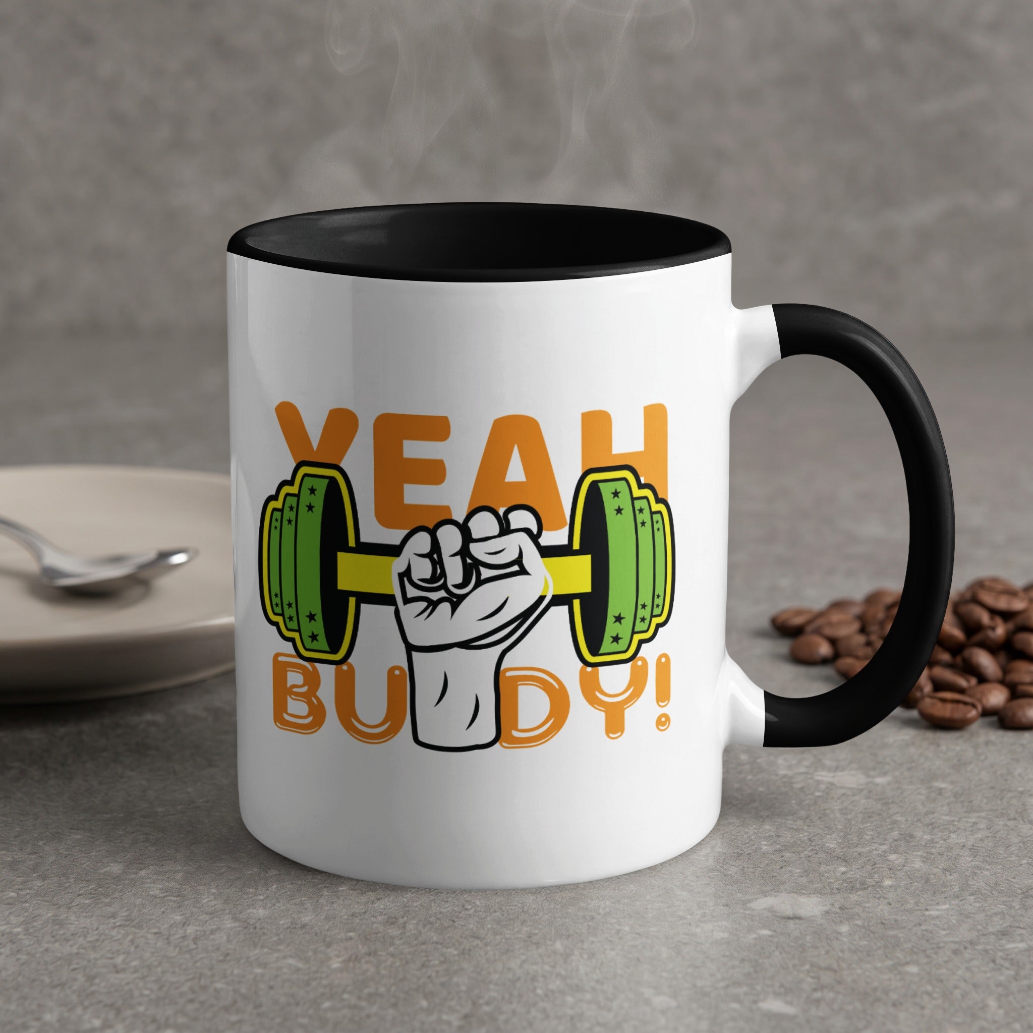 White mug with "YEAH BUDDY!" and a dumbbell graphic.