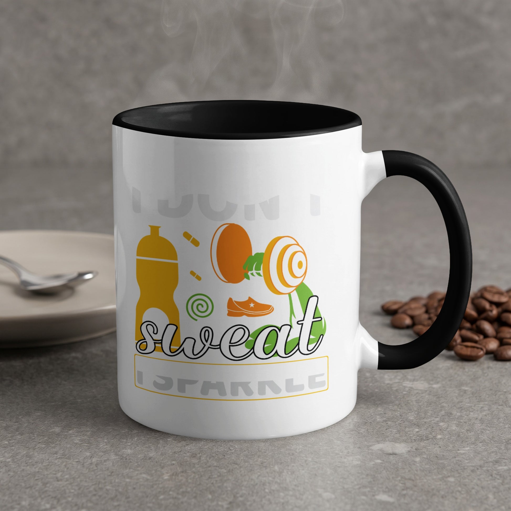 White mug with black rim, reading "Don't Sweat, Sparkle" and fitness graphics.