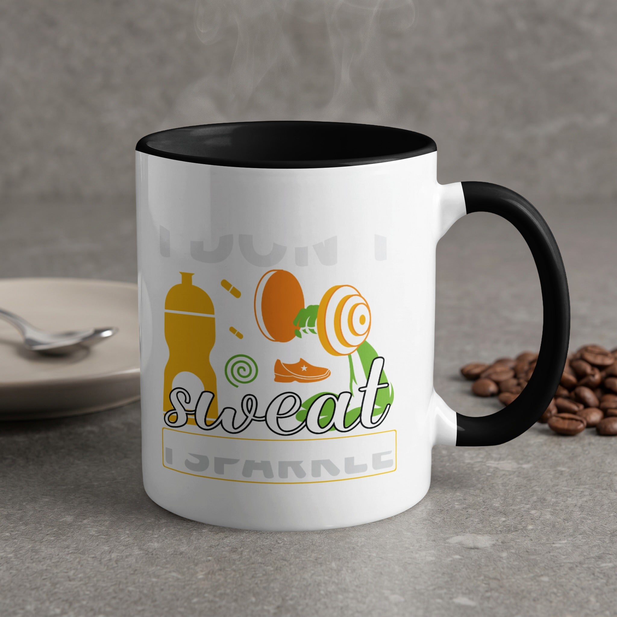 White mug with black rim, reading "Don't Sweat, Sparkle" and fitness graphics.