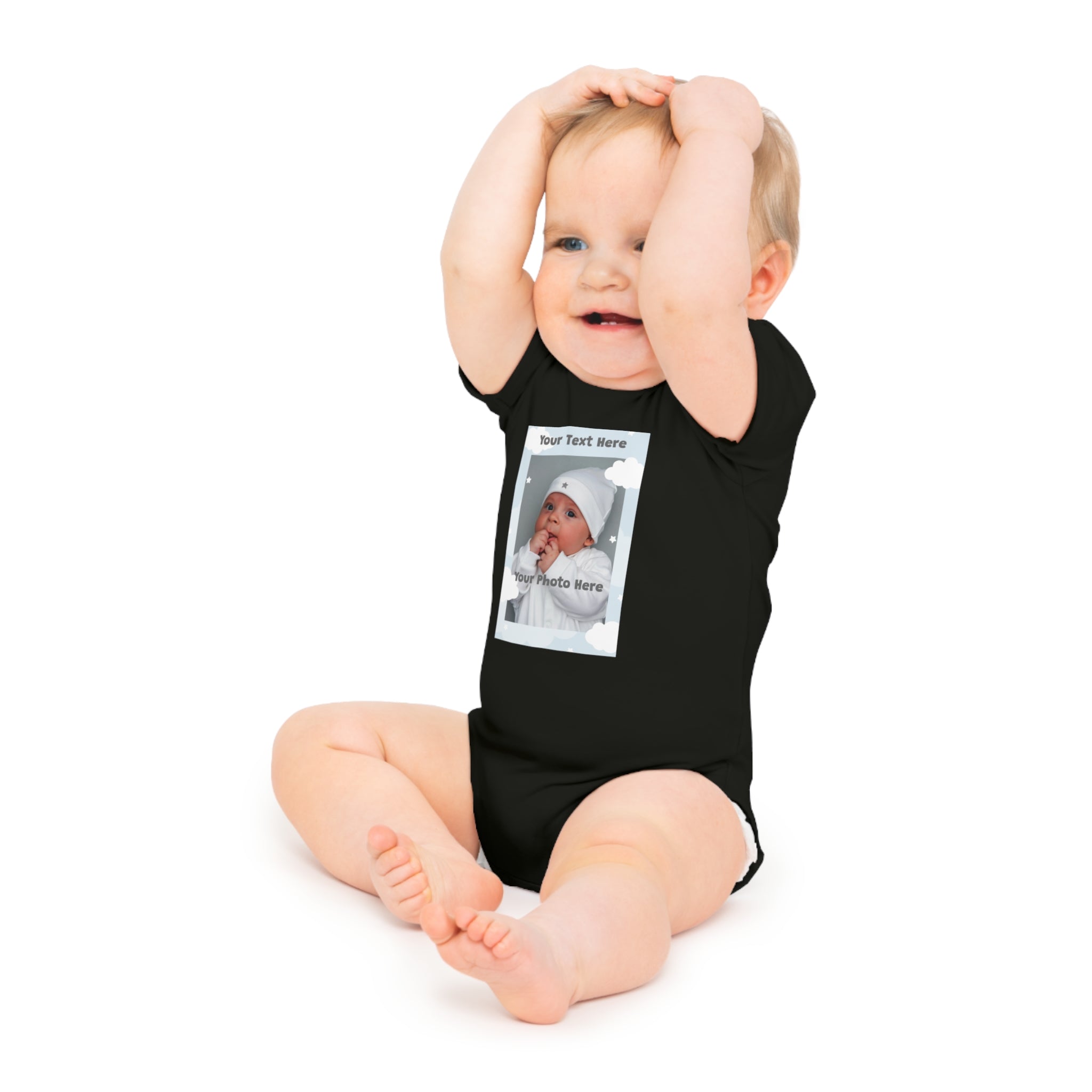 Black baby onesie with placeholder "Your Text Here" and "Your Photo Here" on front.