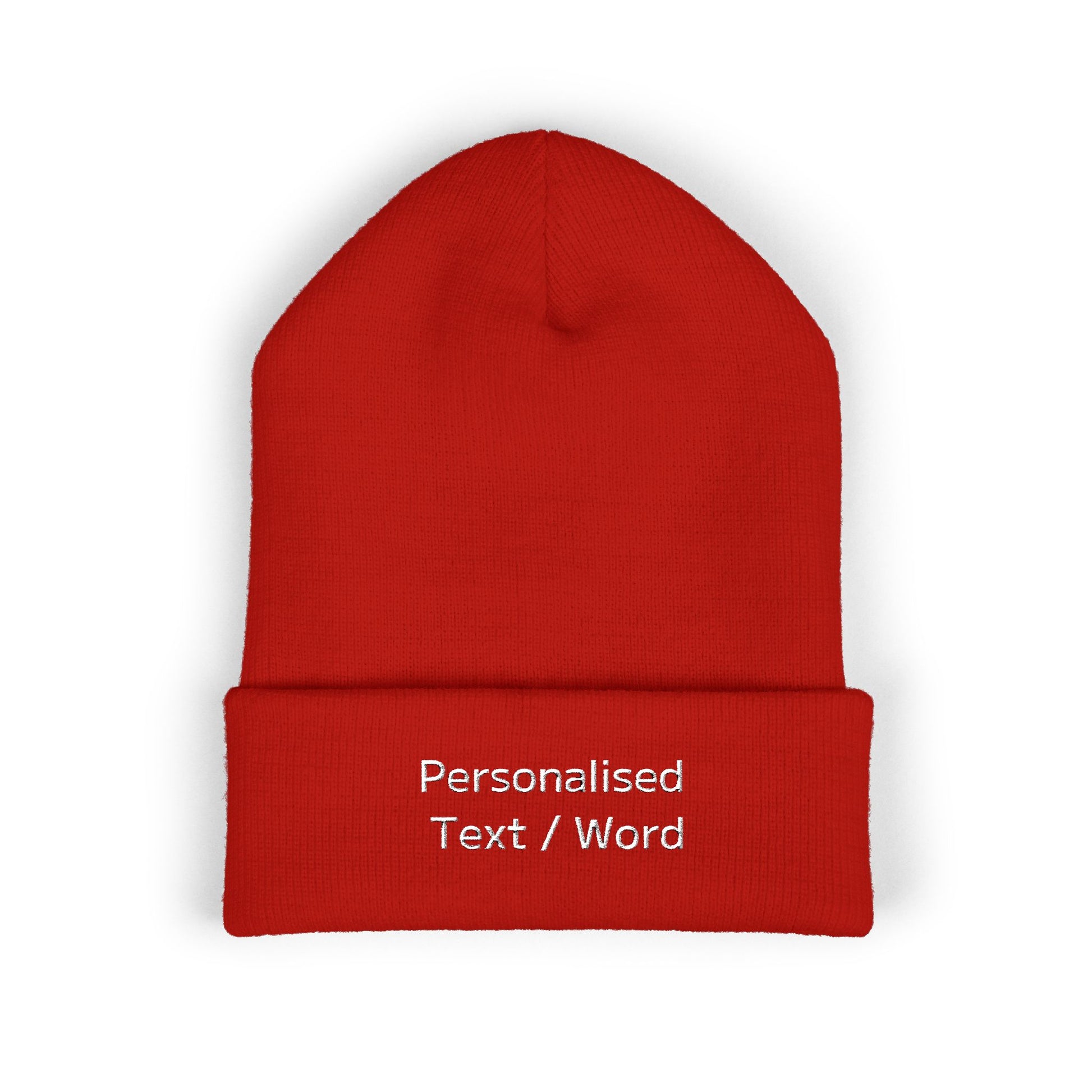 Red knit beanie with "Personalised Text / Word" embroidered on the cuff.