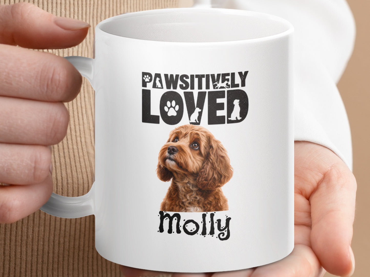 Mug with brown dog, "Pawsitively Loved," and "Molly".
