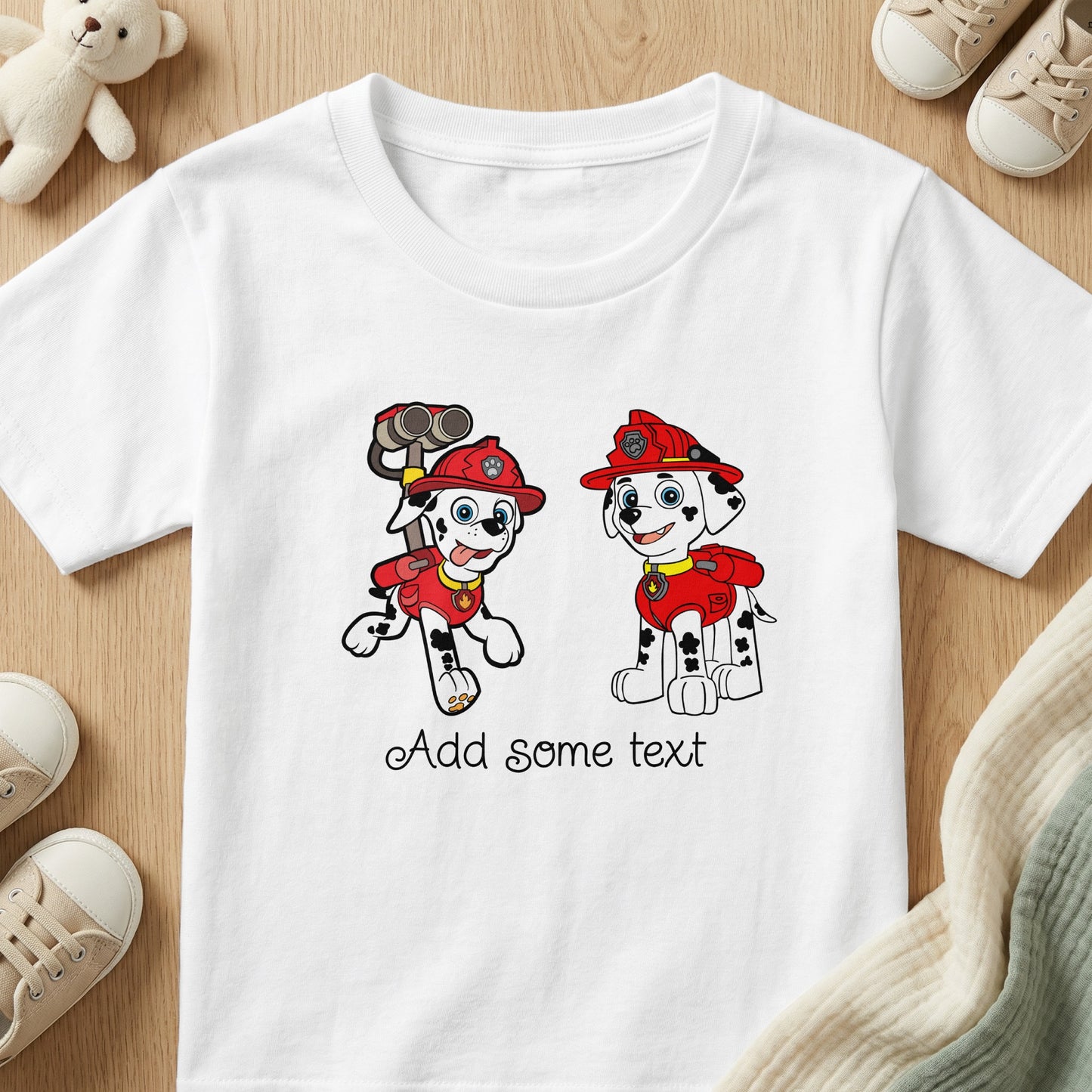 White t-shirt featuring two cartoon dogs, one with binoculars, and "Add some text".