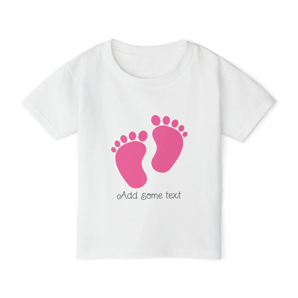 White t-shirt with two pink footprints and "Add some text"
