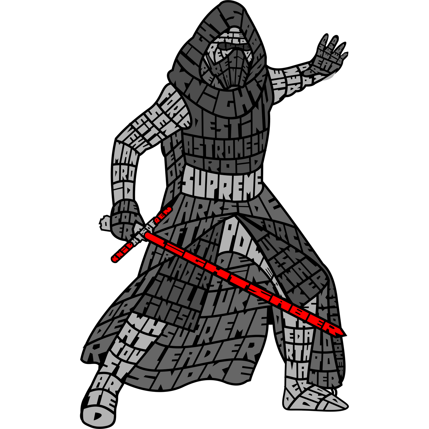 Kylo Ren figure constructed from words, holding a red lightsaber.
