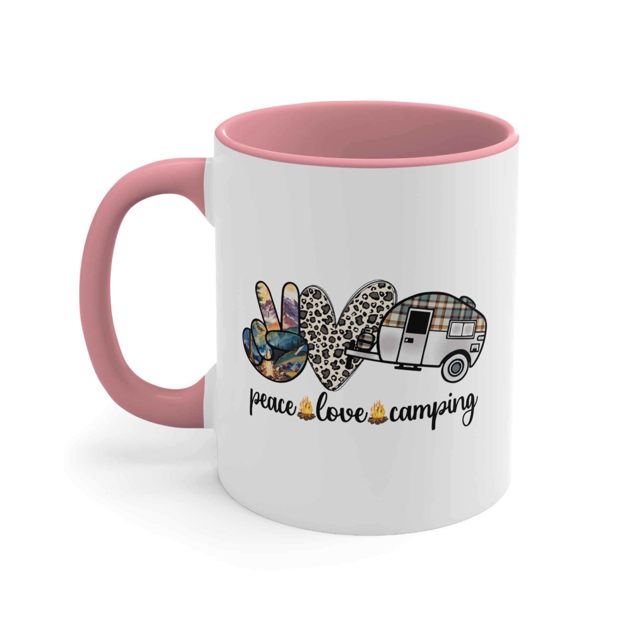 White and pink mug with peace, love, camping graphic and campfire accents.