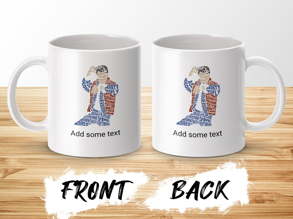 White mug with Back to the Future design, showing text art of Marty and Doc.