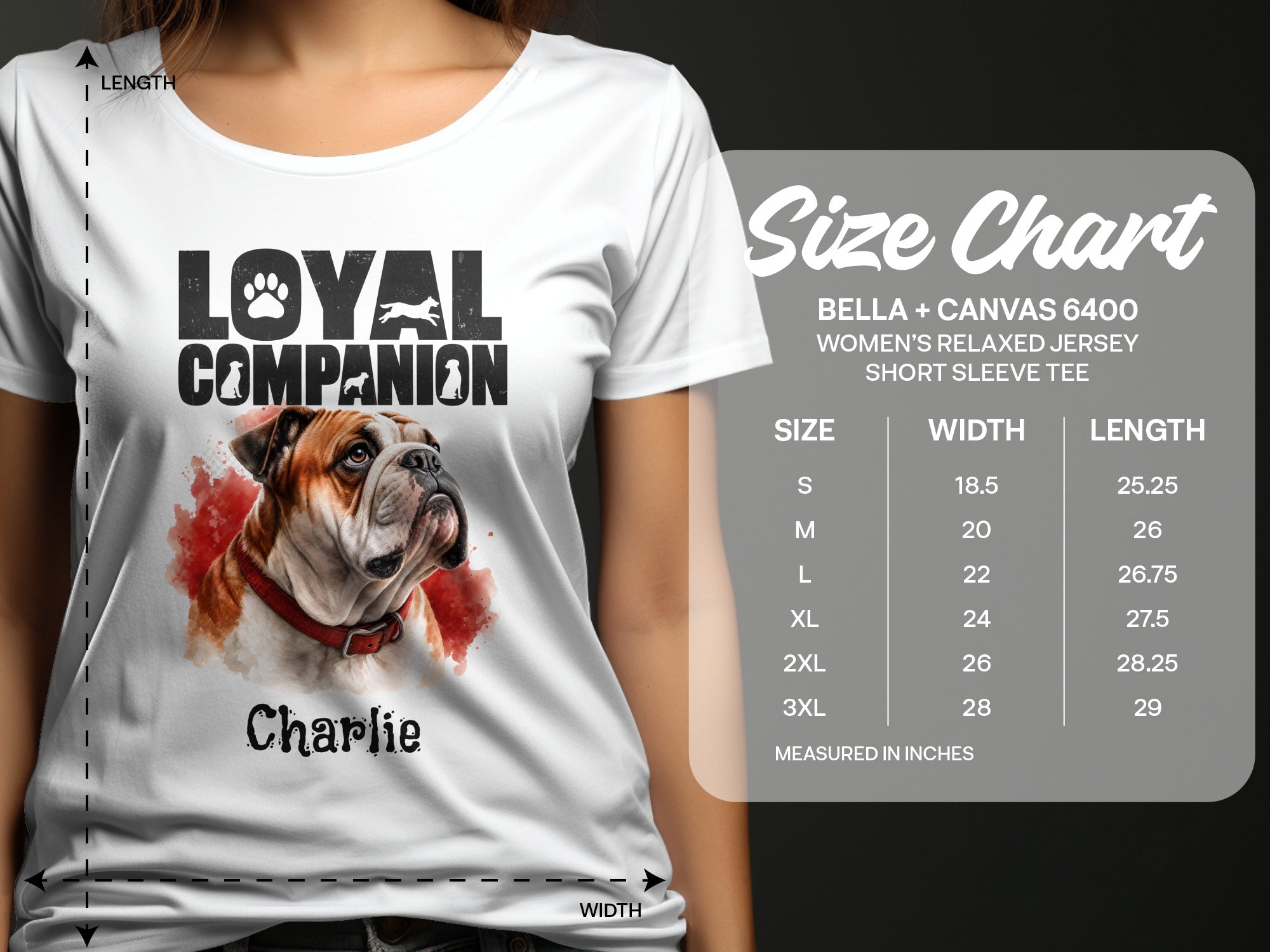 White t-shirt with bulldog graphic, "Loyal Companion" text, and size chart.