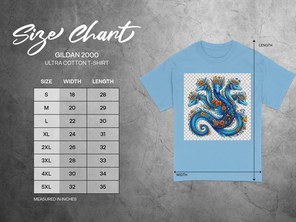Gildan 2000 Ultra Cotton T-Shirt size chart with dragon graphic and dimensions.