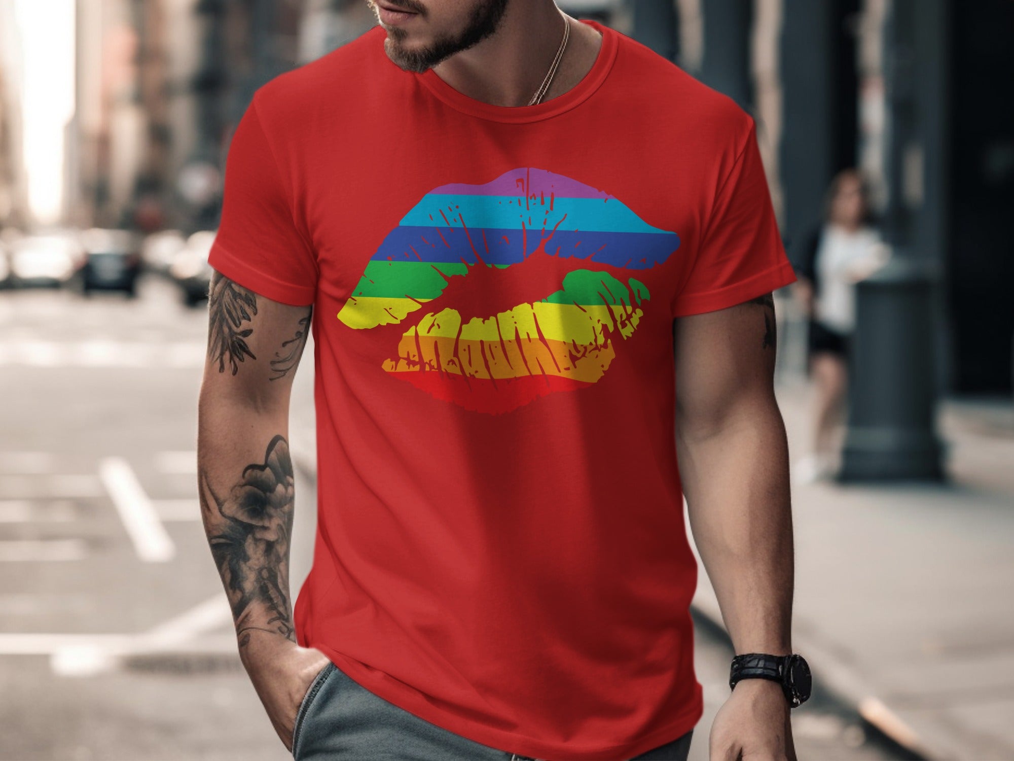 Red t-shirt with a rainbow-colored lipstick kiss graphic on the chest.