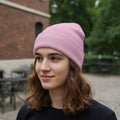 Pink ribbed beanie with embroidered text "Personalised Text / Word".