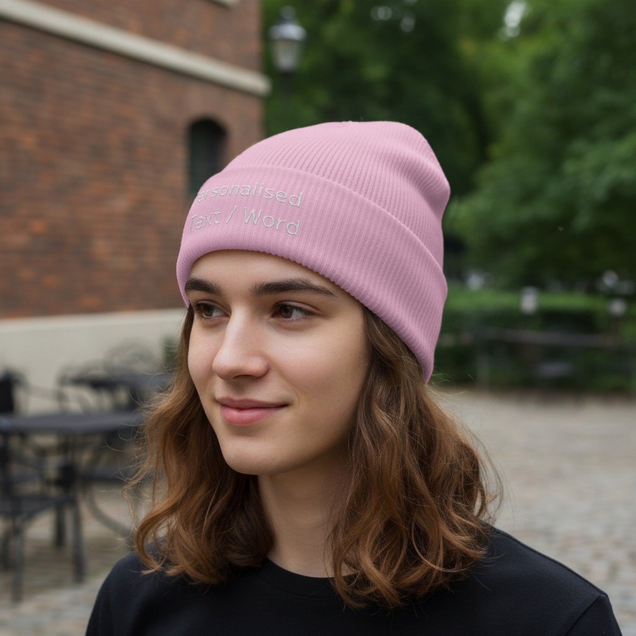 Pink ribbed beanie with embroidered text "Personalised Text / Word".
