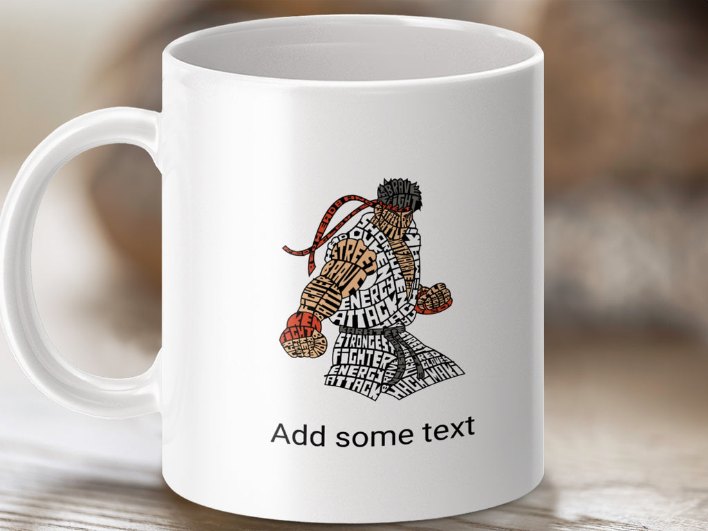 White mug with fighter made of words, "Add some text".
