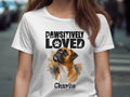 White t-shirt with "PAWSITIVELY LOVED" text and a Boxer dog named Charlie.