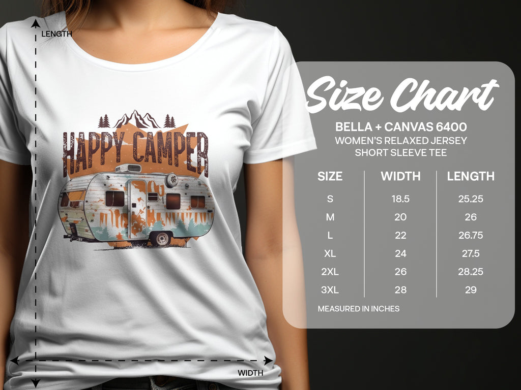White t-shirt displays "Happy Camper" graphic and a size chart for Bella+Canvas 6400 women's tees.