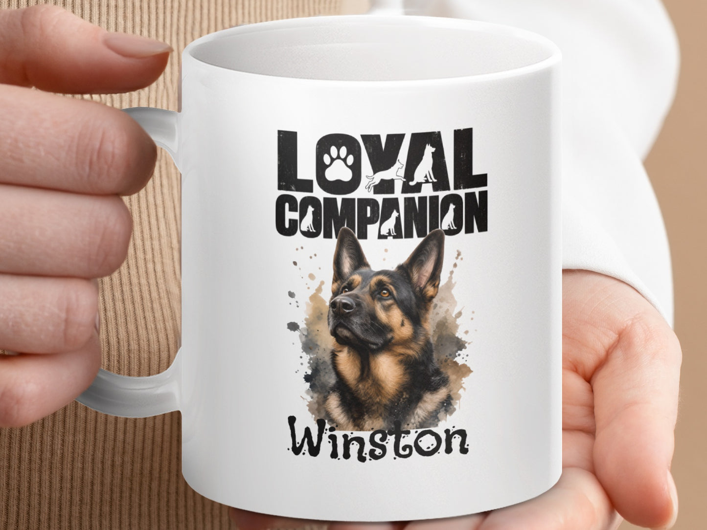 White mug with "Loyal Companion" text, German Shepherd portrait, and "Winston" text.