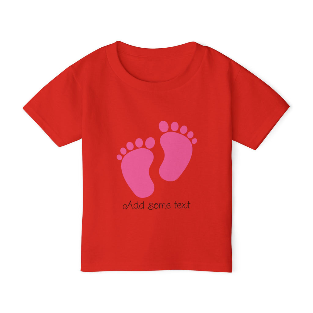 Red t-shirt with pink baby feet graphic and "Add some text" below.