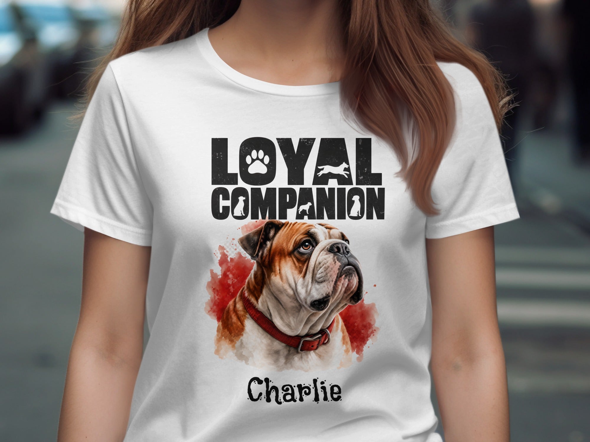 White t-shirt with "Loyal Companion" text and bulldog portrait named Charlie.