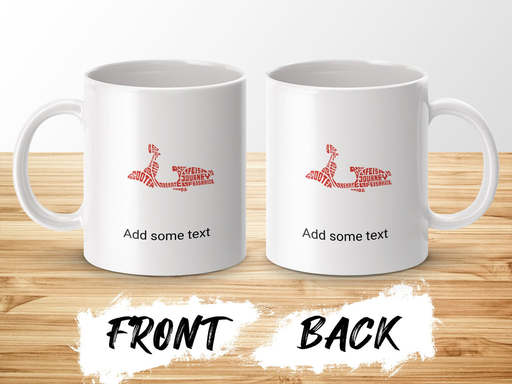 Two white mugs with red text design, showing "FRONT" and "BACK" labels.