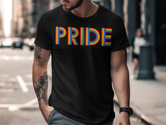 Black t-shirt with "PRIDE" in rainbow stripes across the chest.