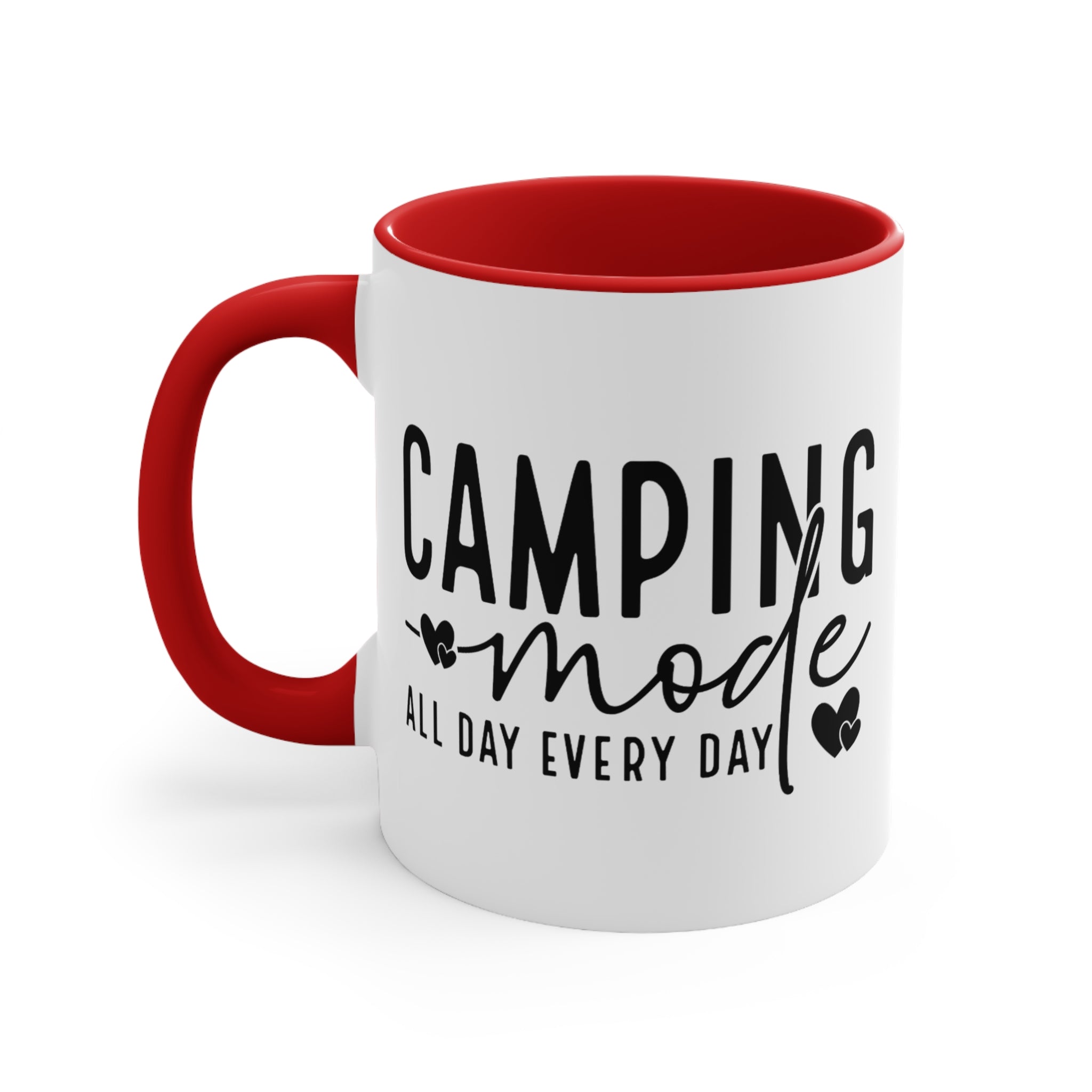 White mug with red handle and interior, featuring text "CAMPING mode ALL DAY EVERY DAY".