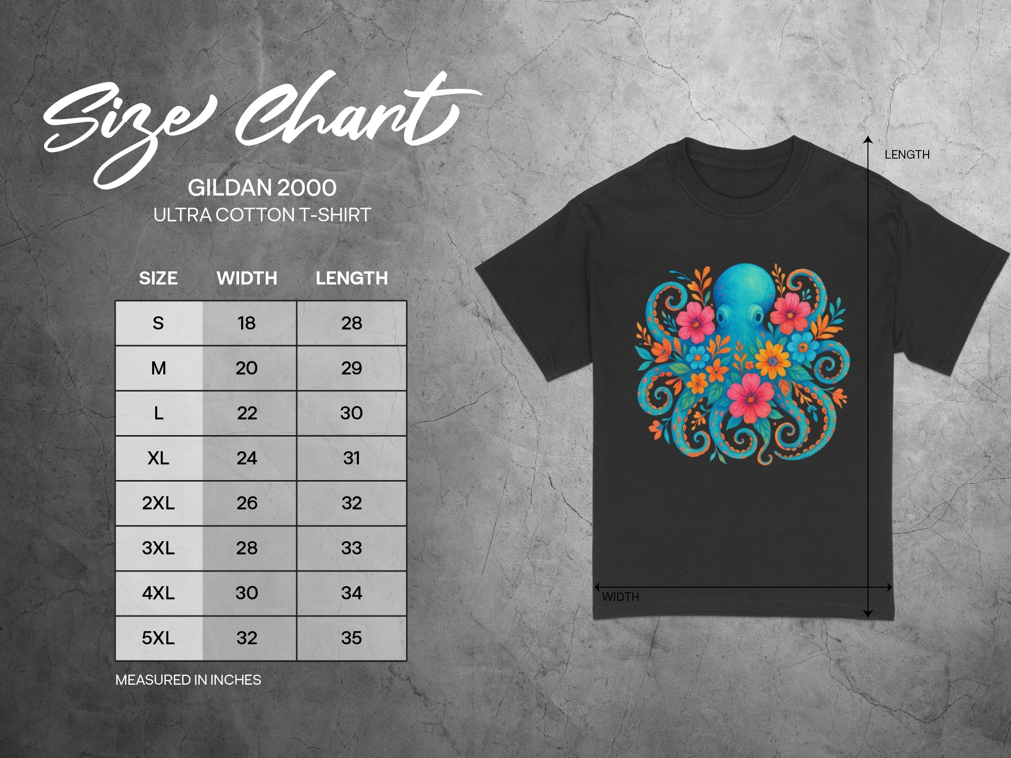 Gildan 2000 Ultra Cotton t-shirt size chart with octopus graphic.