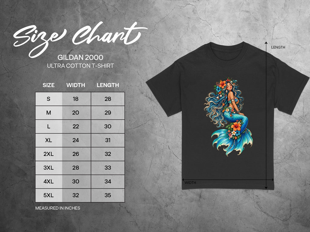 Gildan 2000 Ultra Cotton t-shirt size chart with measurements for S to 5XL.