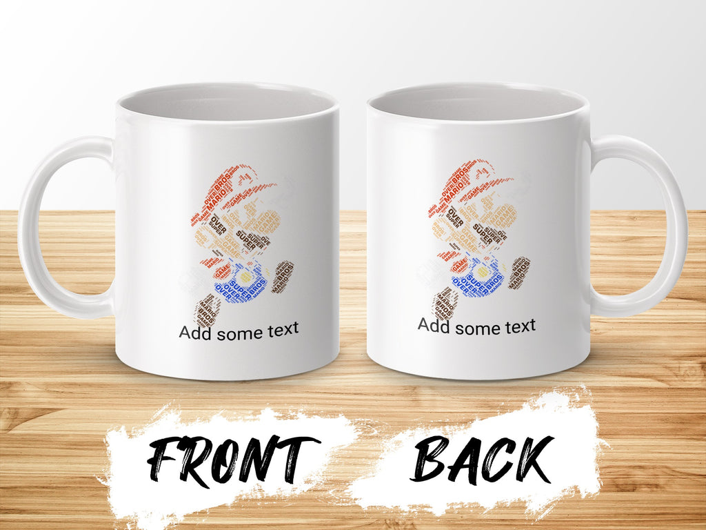 White mug with Mario text art on front and back, "Add some text" below.