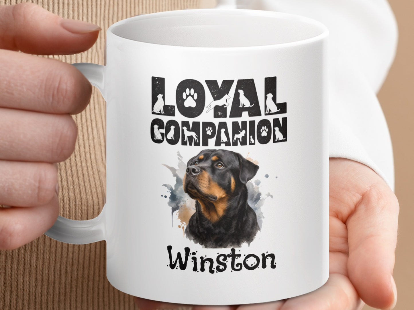 White mug with "LOYAL COMPANION" text, Rottweiler graphic, and "Winston" name.