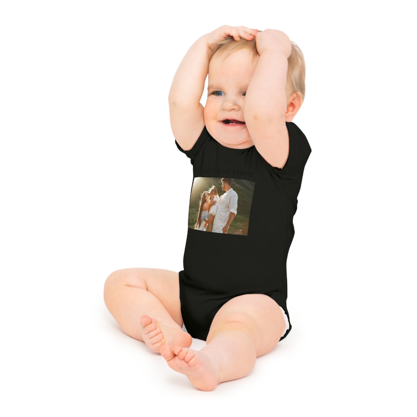 Black baby onesie with a customized photo of a couple and child.