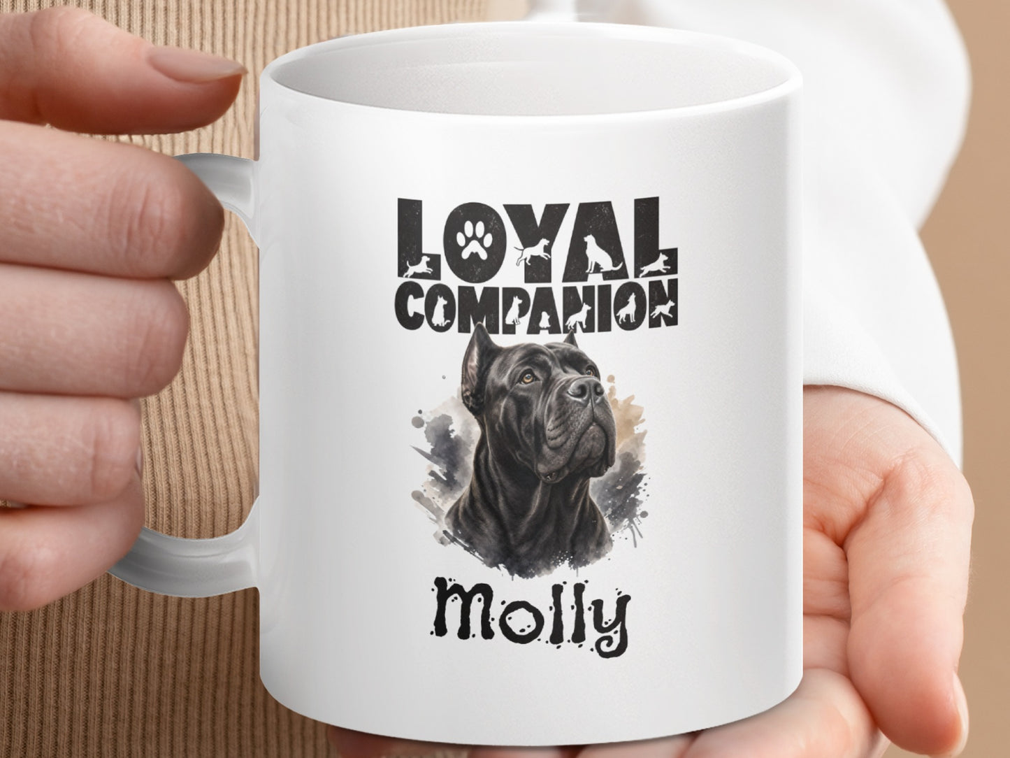 White mug with "Loyal Companion" text and black dog illustration with name "Molly."